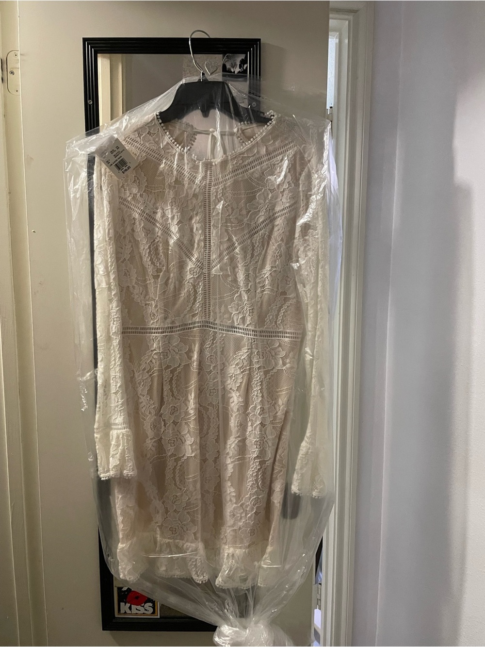 David’s Bridal studio Women's Ivory Lace Long-Sleeve Mini Dress